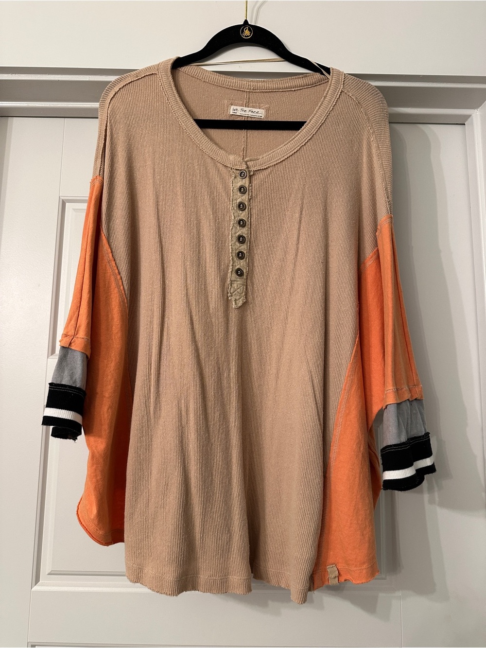 We The Free Beige Henley Top with Orange & Gray Sleeve Accents